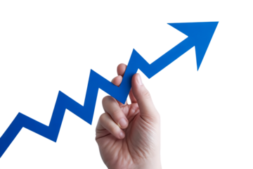 Hand holding a blue jagged arrow pointing upwards indicating growth and success isolated on transparent background