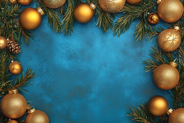 Golden ornaments and pine branches create a festive border on a vibrant blue background for holiday celebrations and winter gatherings.