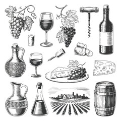 Vintage Engraving-Style Monochrome Wine & Viticulture Illustration Set