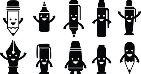 Obraz premium Cute smiling pen and marker characters with various shapes and hats vector illustration 