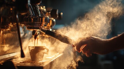 Barista pulling espresso shot from professional machine, golden crema flowing, steam and light rays, dramatic lighting, cinematic composition