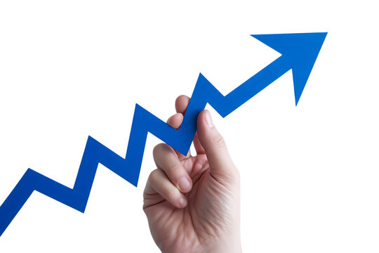 Hand holding a blue jagged arrow pointing upwards indicating growth and success isolated on transparent background