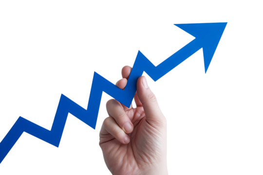 Hand holding a blue jagged arrow pointing upwards indicating growth and success isolated on transparent background - Powered by Adobe