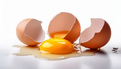 broken egg shell with yolk spilling out on white background