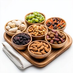 Assorted Dried Fruits and Nuts in Wooden Bowls on Round Wooden Tray