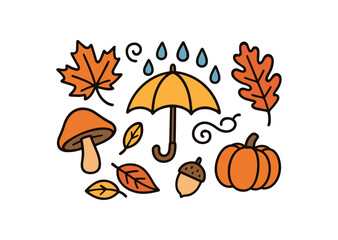 Fototapeta premium Cute doodle autumn collection flat vector illustration bold handdrawn outlines bright solid fills isolated on white clean white space sticker style minimal detail umbrella with raindrops