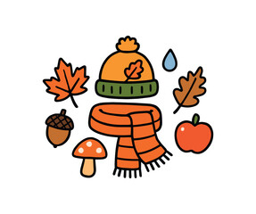 Fototapeta premium Cute doodle autumn collection flat vector illustration bold handdrawn outlines bright solid fills isolated on white clean white space sticker style minimal detail cozy scarf and beanie with