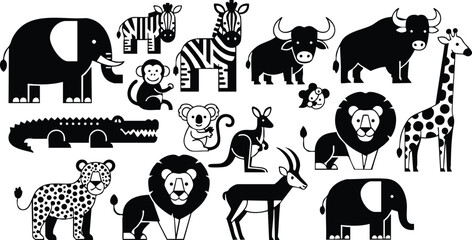 Naklejka premium Collection of African Animals Silhouettes Vector Illustration with Elephants Lions Giraffes and Zebras in Black and White 