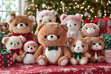 Family-friendly holiday gift arrangement on a vibrant tablecloth, showcasing delightful toys and treats, with natural light streaming in and a warm, welcoming ambiance