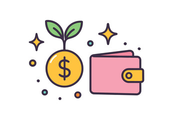 Finance fintech flat vector illustration collection of cute finance icons micro investing: coin to sprout wallet starbursts dots arranged horizontal composition handdrawn outlines bright