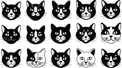 Obraz premium Cat faces collection vector set black and white illustration with various expressions and fur patterns for design projects 