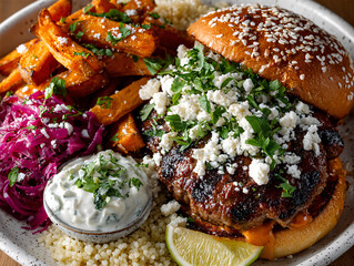 a delicious-looking meal set, including a juicy burger with fresh toppings and sauces, crispy fries, roasted vegetables, and a side of rice. The presentation is vibrant and appetizing