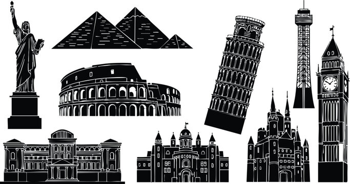 Famous world landmarks vector set including Statue of Liberty, Pyramids, Colosseum, Leaning Tower of Pisa, Eiffel Tower, Big Ben, and more 