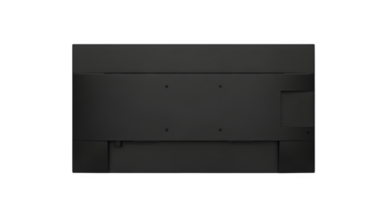 Rear panel of a modern black computer monitor or television screen, isolated on transparent background