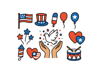 Cute doodle independence day collection flat vector illustration bold handdrawn outlines bright solid fills isolated on white clean white space sticker style minimal detail dove release