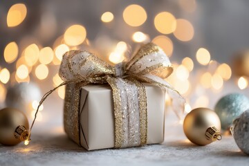 Close-up of an elegantly designed holiday subscription box, surrounded by twinkling fairy lights and seasonal ornaments, evoking a joyful and inviting atmosphere
