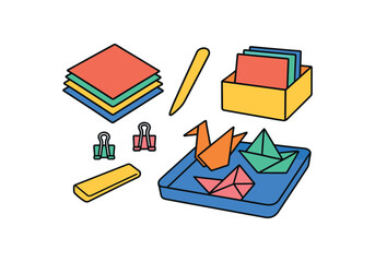 Flat vector origami for kids: colorful papers folding tool clips storage box tray bright vibrant palette clean outlines minimal centered isolated on white no logos