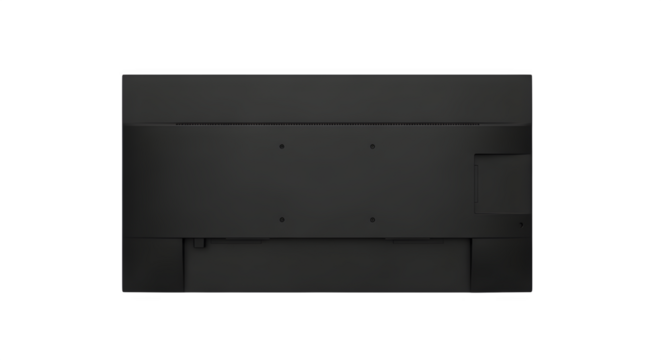 Rear panel of a modern black computer monitor or television screen, isolated on transparent background