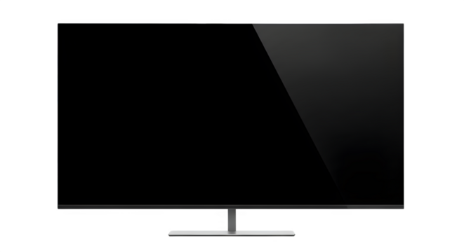 Modern flat screen television with a sleek design and black blank screen, isolated on transparent background