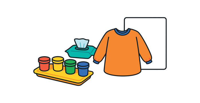 Flat vector finger painting kit: safe paint pots tray wipes pack smock big paper bright vibrant palette clean outlines minimal centered isolated on white no logos