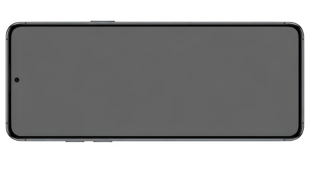 Modern black smartphone with blank dark screen, horizontal, isolated on transparent background