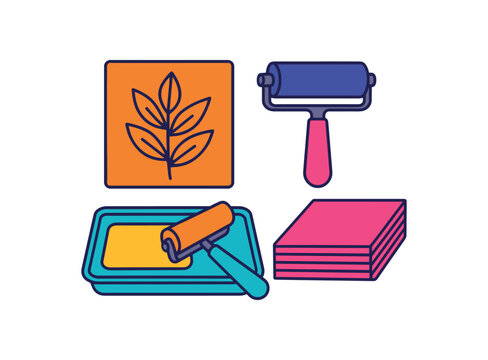 Flat vector printmaking basics: foam plate brayer ink tray roller paper stack bright vibrant palette clean outlines minimal centered isolated on white no logos
