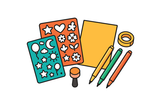 Flat vector stencil drawing kit: plastic stencils sponge dauber markers tape paper bright vibrant palette clean outlines minimal centered isolated on white no logos