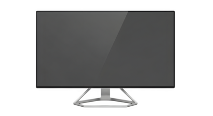 Modern computer monitor with a dark screen and sleek silver stand, isolated on transparent background