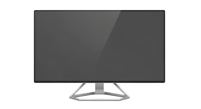 Modern computer monitor with a dark screen and sleek silver stand, isolated on transparent background
