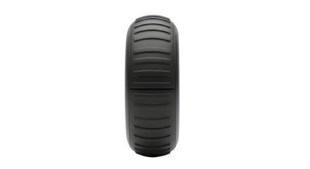 Side view of a robust black wheel with a grooved tread, isolated on transparent background