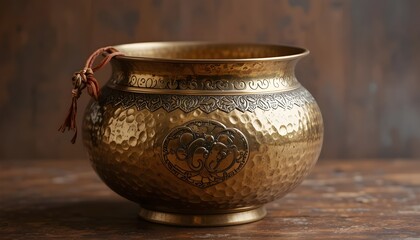 &ldquo;&ldquo;A one-of-a-kind handcrafted brass pot with hammered texture, artistic engravings, subtle antique patina, matte-golden shine, traditional artisan design, rustic vintage mood, high-detail metal reflec