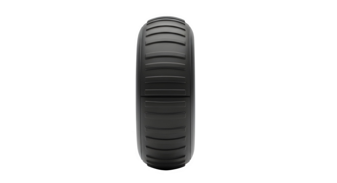 Side view of a robust black wheel with a grooved tread, isolated on transparent background