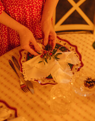 the hand of a woman setting the table for Christmas dinner