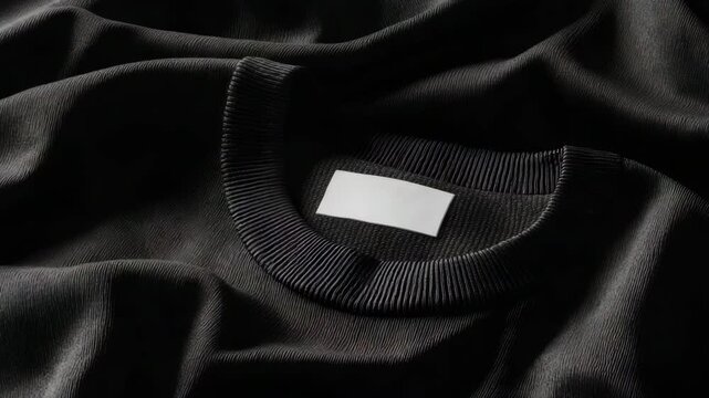 Ultra HD Closeup of a stylish black sweatshirt with a blank label, showcasing the texture and design details, perfect for fashion and apparel mockups and branding presentations 
