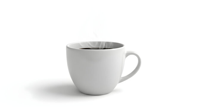 Close-up of a single white ceramic coffee mug with drink, isolated on a white background for a cafe menu or breakfast ad