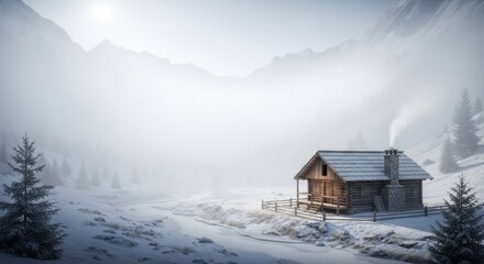 Lonely wooden cabin in foggy alpine valley