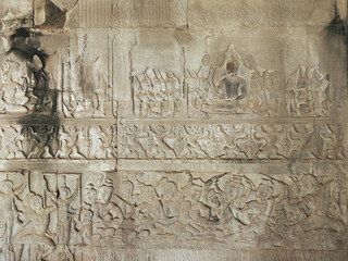 Angkor Wat Narrative Bas-Relief Carvings, Khmer Temple Art Detail View