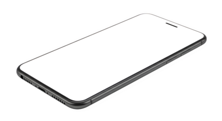 Modern black smartphone with blank white screen, angled view, isolated on transparent background