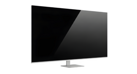 Sleek black screen monitor with a minimalist stand for modern tech setups, isolated on transparent background