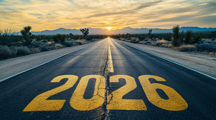  long empty desert road with large yellow numbers "2026" painted on the asphalt, leading toward the sunrise horizon
