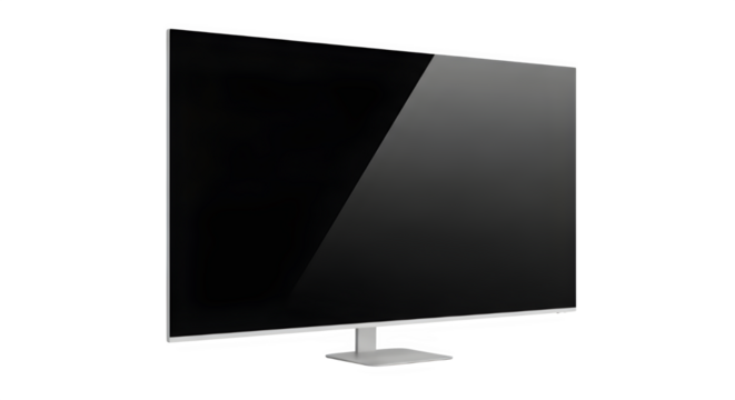 Sleek black screen monitor with a minimalist stand for modern tech setups, isolated on transparent background