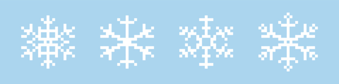 Set of four blue geometric snowflake icons created with a dotted pixel style, perfect for winter themes, technology, and digital holiday decorations.