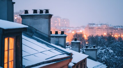 Snow-covered rooftops at dusk with glowing windows and city lights illuminating a winter scene