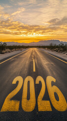  long empty desert road with large yellow numbers "2026" painted on the asphalt, leading toward the sunrise horizon
