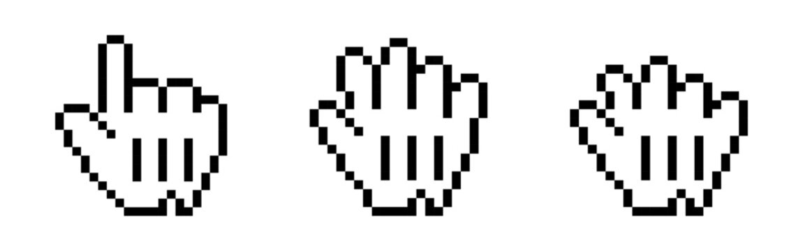 Retro pixel art mouse cursor set featuring pointing finger and open hand icons in classic black and white 8-bit style for digital interfaces.
