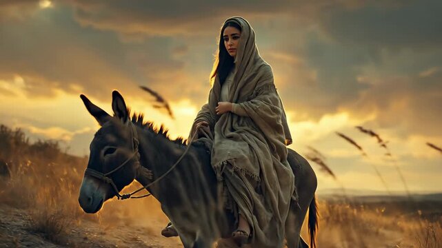 Joseph and the Virgin Mary on a donkey. Christian religious video background, Gospel story.