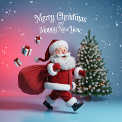 Santa Claus with sack of gifts and Christmas tree New Year presents
