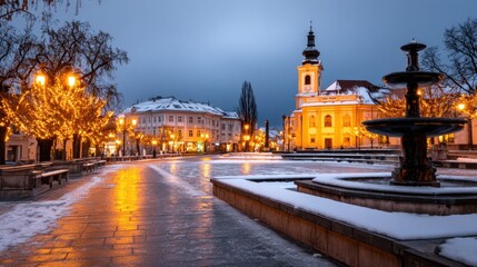Obraz premium Snow-covered city square at dusk with illuminated buildings and festive lights creating a serene atmosphere