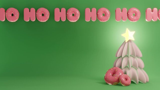 Horizontal Christmas New Year Xmas winter tree Hohoho animation lettering infographic copy space star donut sprinkles pastel pink green kawaii festive December magic sparkle gloss render 3D greeting