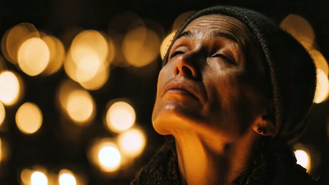 Adult woman grieves with a sad expression surrounded lit candles in a dark room. The woman prays, pain, longing, and emotional stress